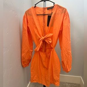 Pretty Little Thing Tangerine Bow Tie Front Cut Out Bodycon Dress